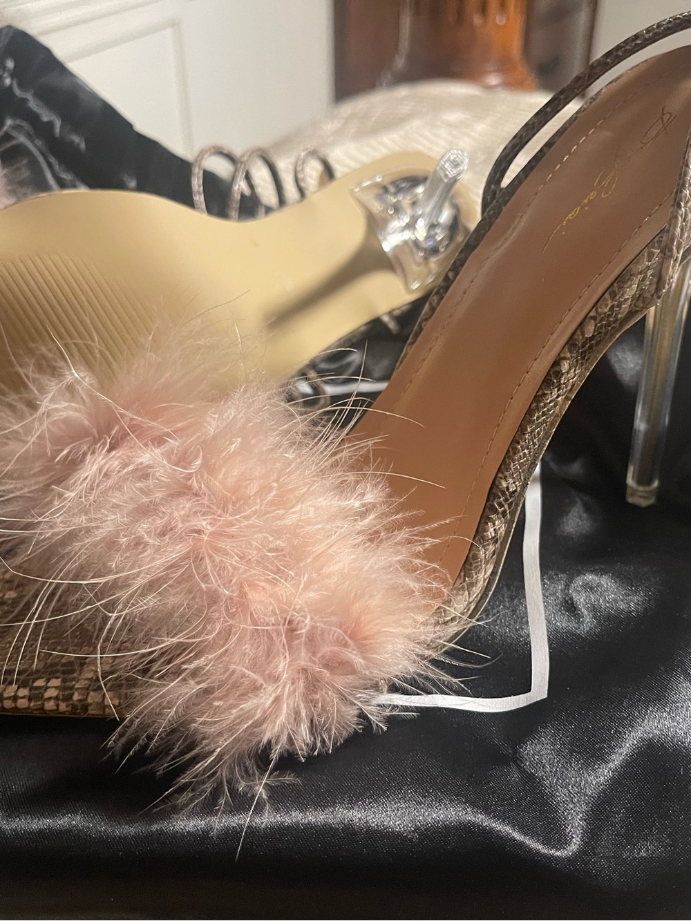 Feather Trim Pink Slide Heels with Clear Stiletto and Snake-Print Upper